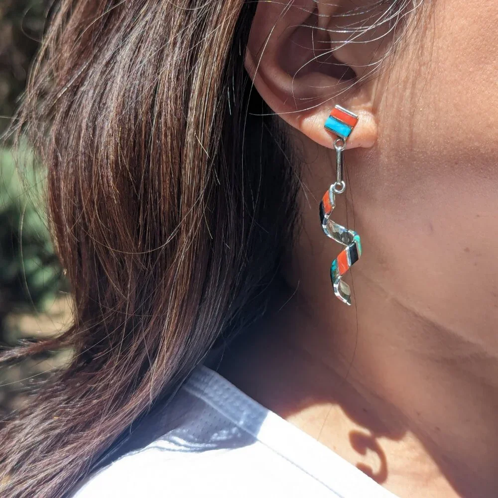 Authentic Zuni‎ Spiral Multi Stones Inlay Dangle Earrings Handmade NA Jewelry**